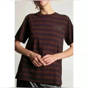 Ganni 100% Organic Cotton Striped Logo Short Sleeve T-Shirt Top Casual Size XL